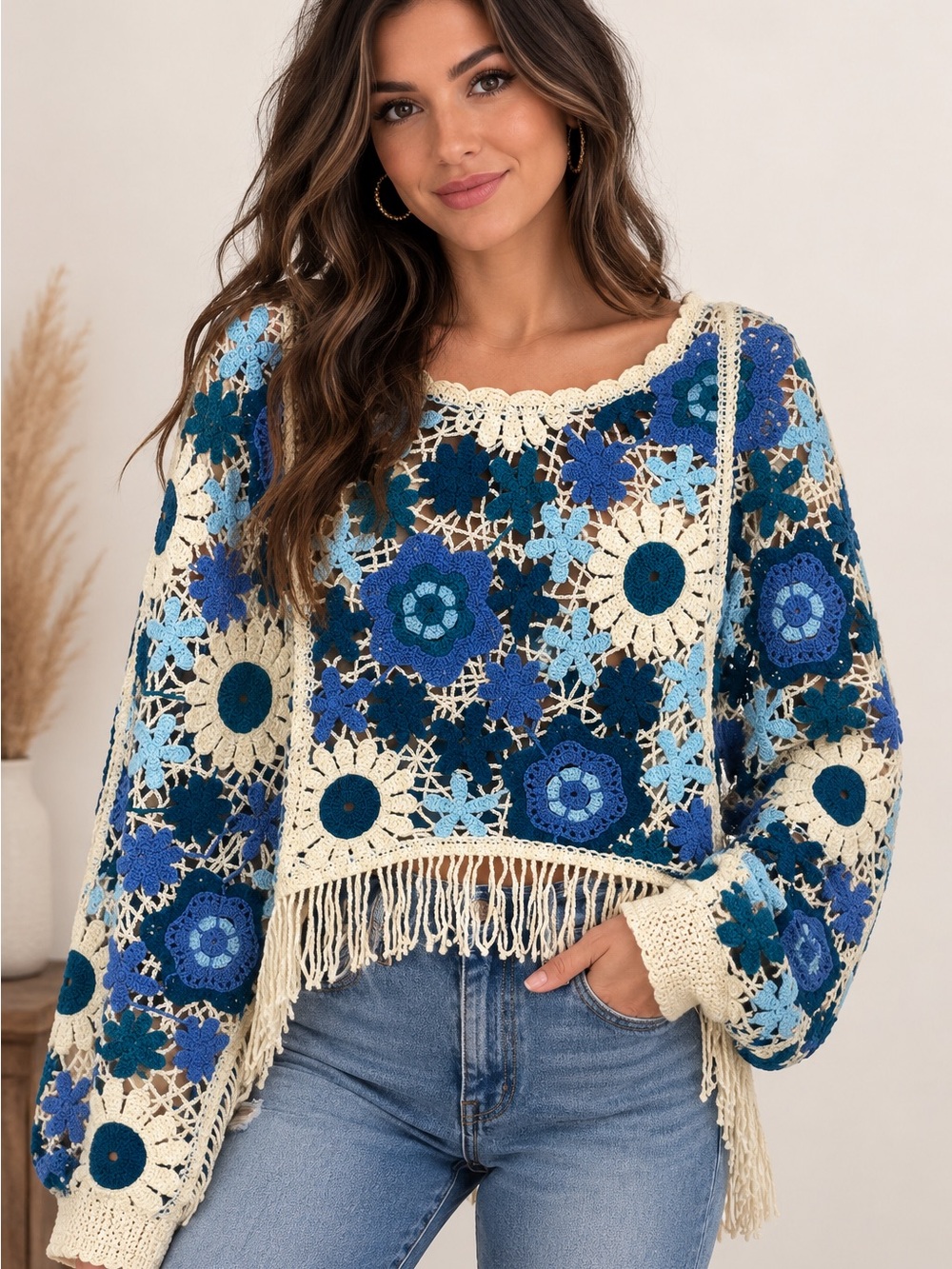 House of Harlow 1960 Blue & Cream Crochet Fringe Pullover